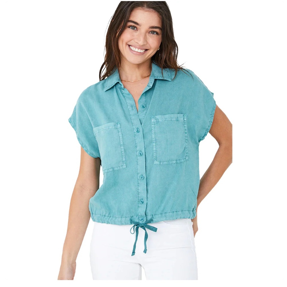 Bella Dahl Tie Waist Button Down Short Sleeve Tencel Top - Blue Green